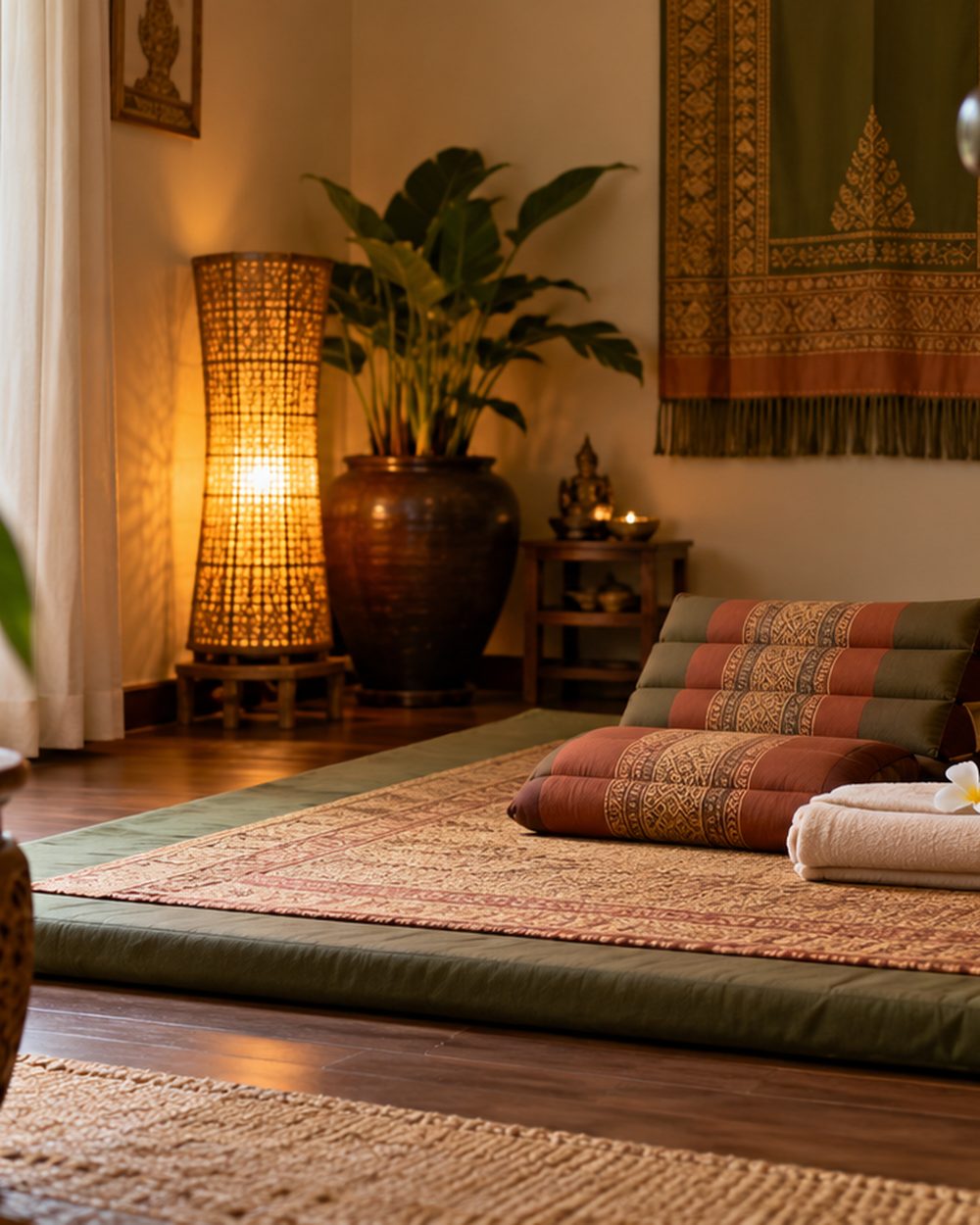 A treatment room at Suk Sabai: floor mat, cushions and warm lamp light