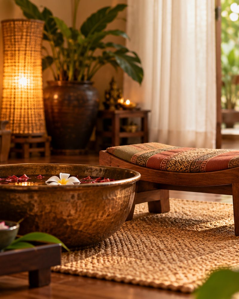 A wooden foot-massage stool beside a copper basin