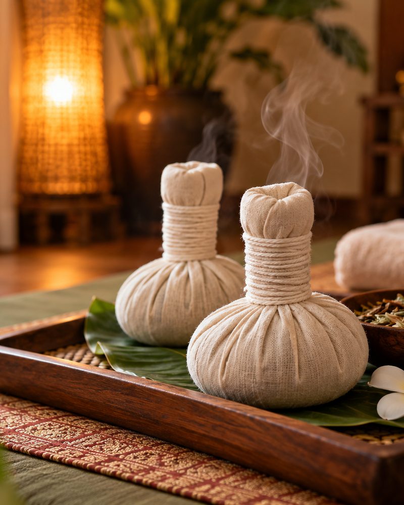 Warm herbal compress balls, freshly steamed
